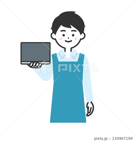 ノートパソコンを持つエプロン姿の男性イラスト 130967199