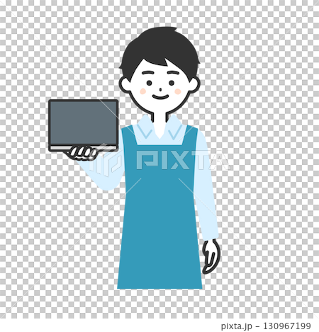 ノートパソコンを持つエプロン姿の男性イラスト 130967199