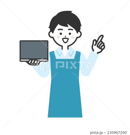 ノートパソコンを持って指を立てるエプロン姿の女性イラスト ノートパソコンを持って指を立てるエプロン姿の女性イラスト 130967200