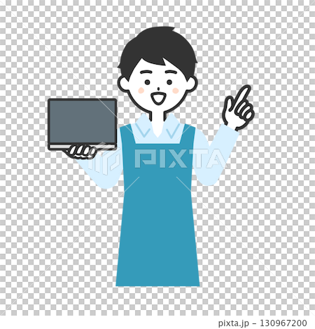 ノートパソコンを持って指を立てるエプロン姿の女性イラスト ノートパソコンを持って指を立てるエプロン姿の女性イラスト 130967200