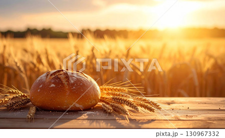 黄金色に輝く麦畑と木のテーブルに置かれた焼きたての丸いパンが並ぶ秋の収穫イメージ 130967332