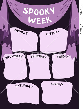 Stylish Halloween weekly planner with purple spooky drapes and soft block for each day. Great for planning parties, schedules, seasonal tasks or eerie themed notes. Flat vector illustration. Stylish Halloween weekly planner with purple spooky drapes and soft block for each day. Great for planning parties, schedules, seasonal tasks or eerie themed notes. Flat vector illustration. 130967358