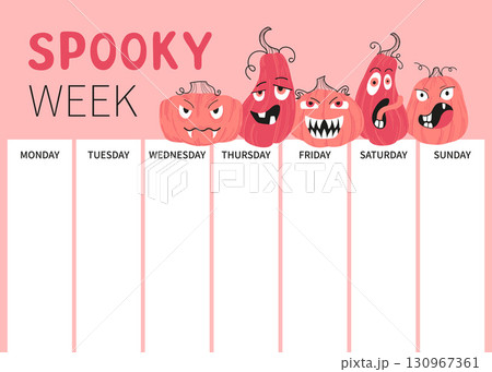 Colorful weekly planner for Halloween with funny scary pumpkins and weekday blocks. Perfect for organizing spooky events, party planning, school notes or festive schedules. Flat vector design. 130967361