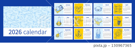 Creative 2026 wall calendar featuring nautical fish pattern and monthly marine illustration. Perfect for coastal interiors, gifts, planners and sea inspired branding. Vector doodle illustration. Creative 2026 wall calendar featuring nautical fish pattern and monthly marine illustration. Perfect for coastal interiors, gifts, planners and sea inspired branding. Vector doodle illustration. 130967365