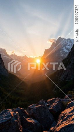 Majestic sunset over the mountain valley in the evening Generative AI 130967374