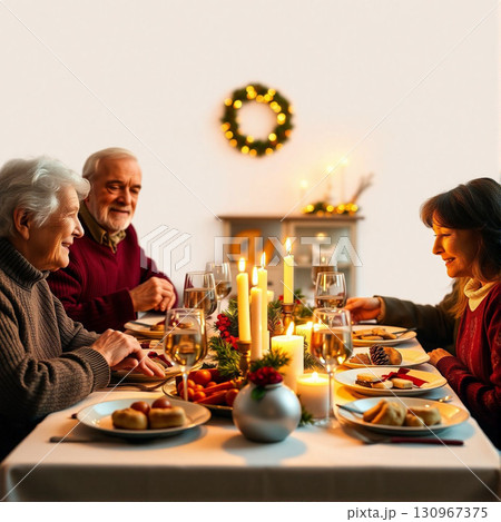 Family gathering at a cozy holiday dinner table Generative AI 130967375