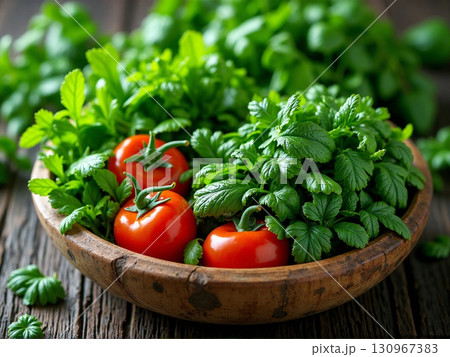 Fresh tomatoes and herbs in a wooden bowl on a table Generative AI 130967383