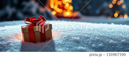 Gift box resting on snow with festive lights in background Generative AI Gift box resting on snow with festive lights in background Generative AI 130967390
