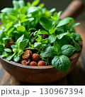 Fresh herbs and spices in a wooden bowl for cooking Generative AI 130967394