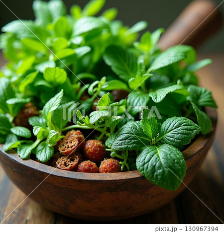 Fresh herbs and spices in a wooden bowl for cooking Generative AI 130967394