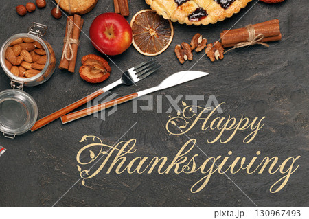 Thanksgiving celebration with festive food on a dark surface 130967493