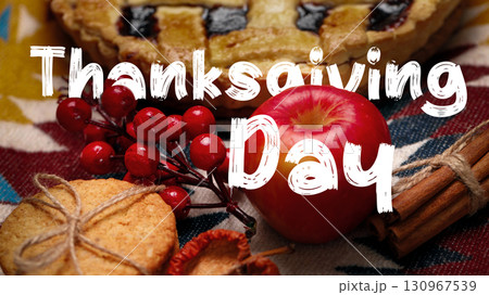 Celebrating Thanksgiving day with festive treats and colorful decorations on the table Celebrating Thanksgiving day with festive treats and colorful decorations on the table 130967539