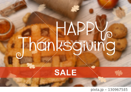 Thanksgiving celebration with festive pie and baked goods on display for sale 130967585