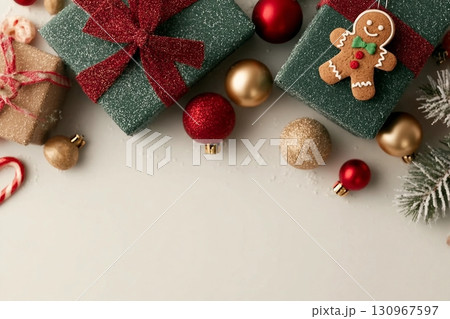 Delightful holiday tableau from top view emerald gift boxes, red, green, and golden baubles, gingerbread man ornament, jingle bells, candies, frosty fir twig, light background with space for greeting 130967597