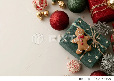 Delightful holiday tableau from top view emerald gift boxes, red, green, and golden baubles, gingerbread man ornament, jingle bells, candies, frosty fir twig, light background with space for greeting 130967599