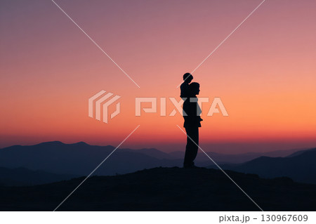 Boy sitting on father's shoulders. Father and son standing together on a hill during sunset. Boy sitting on father's shoulders. Father and son standing together on a hill during sunset. 130967609