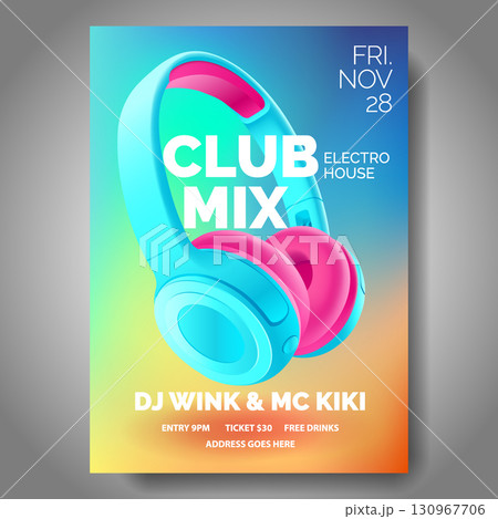 Club poster with headphones, dance party, fluid design flyer, invitation, banner template, dj music event, black and red headphones, vector illustration Club poster with headphones, dance party, fluid design flyer, invitation, banner template, dj music event, black and red headphones, vector illustration 130967706