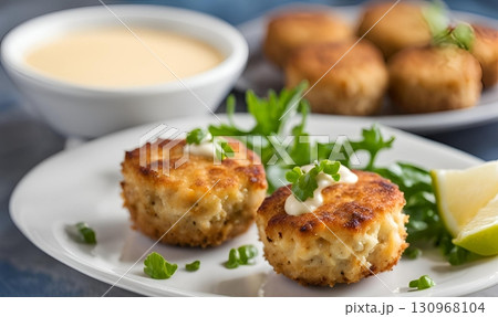 Fried crab cakes, perfectly golden brown and crispy, with a dollop of creamy aioli, fresh parsley garnish, and a lemon wedge on a clean white plate. AI Generated 130968104