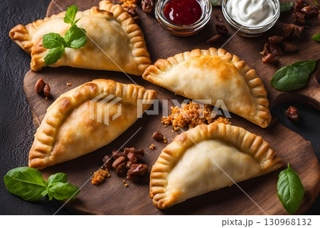 Golden-fried empanadas with a savory and cheesy meat filling, a comforting and classic pastry snack perfect for any occasion. AI Generated 130968132