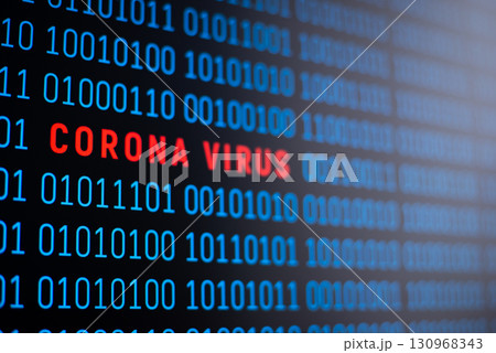 Binary code on computer screen with inscription coronavirus in the middle of the code. Symbol of coronavirus outbreak 130968343
