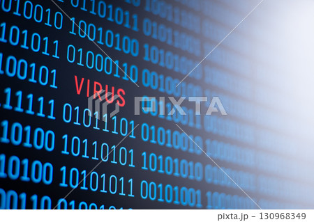 Binary code with virus on computer screen. Concept of security, cyber attack, spyware, malware Binary code with virus on computer screen. Concept of security, cyber attack, spyware, malware 130968349