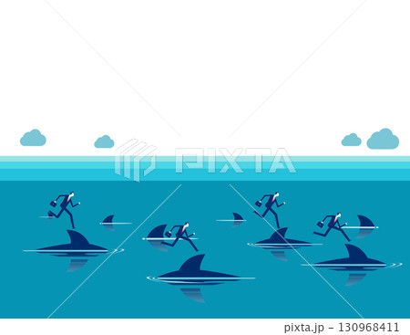 Financial risk. Successful business people running on top of sharks in the danger sea water. 130968411