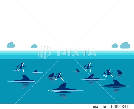 Financial risk. Successful business people running on top of sharks in the danger sea water. Financial risk. Successful business people running on top of sharks in the danger sea water. 130968413