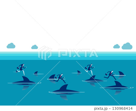Financial risk. Successful business people running on top of sharks in the danger sea water. 130968414