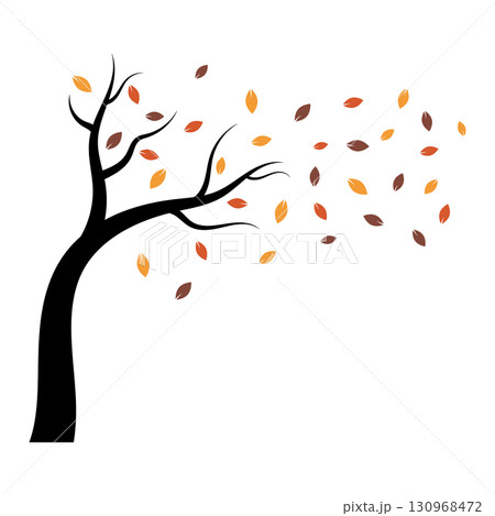 Autumn Tree with Falling Leaves Vector Illustration. A tree silhouette with bare, curved branches swaying in the wind, while colorful autumn leaves drift gently through the air. 130968472