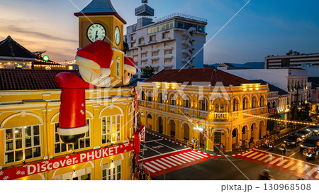 Aerial view of Festive Clock Tower with Santa Decorations Aerial view of Festive Clock Tower with Santa Decorations 130968508