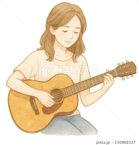 ギター　演奏　女性　水彩イラスト 130968527