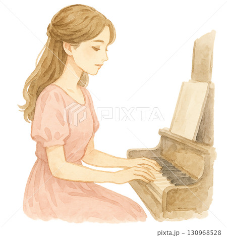 ピアノを演奏する女性(水彩イラスト) 130968528