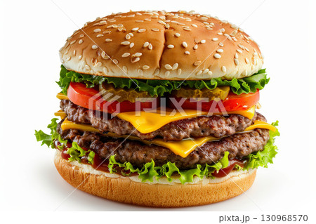 Beef Burger On White Background. Generative AI 130968570