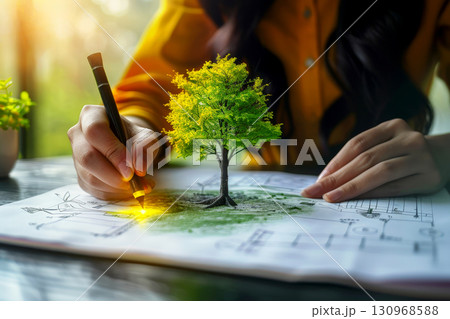 a hand sketched green tree . environment day concept. .Generative AI 130968588