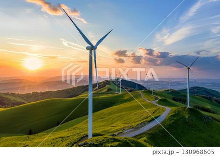 landscape with renewable and sustainable green energy with wind turbines on mountain during afternoon lights, generative ai 130968605