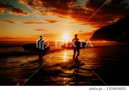 surfers walking into the ocean at sunset with their surfboards. Generative Ai 130968660
