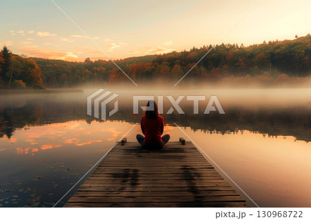 Woman Sitting Back Pose On A Dock, With A Calm Lake Or River In The Background . Generative AI 130968722