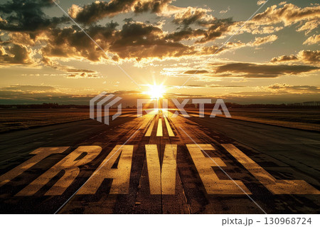 travel text on runway under clear sky, travel vacation concept 130968724