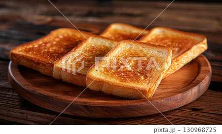 a toasted bread sitting on top of a wooden plate next to a white cloth and some candles. 130968725