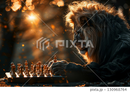 A lion strategically leading chess pieces in winning leadership against competition. Generative AI 130968764