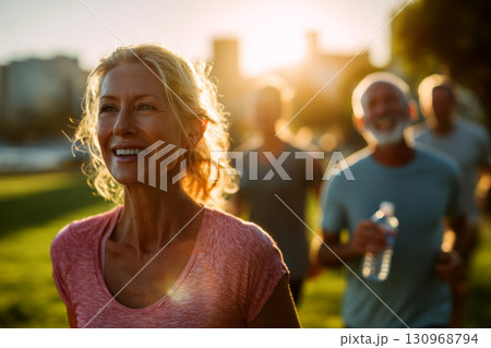 Fit senior people running at city park - Group of elderly friends doing sport workout together outdoor. 130968794