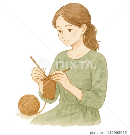 秋　編み物　ハンドメイド　女性　水彩イラスト 130968986