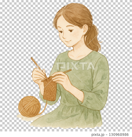 秋　編み物　ハンドメイド　女性　水彩イラスト 130968986