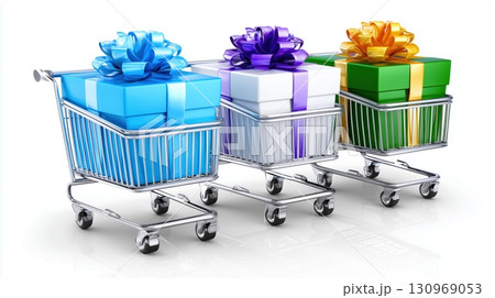 Three Shopping Carts with Colorful Gift Boxes Three Shopping Carts with Colorful Gift Boxes 130969053