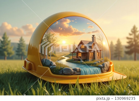 Magical sunset landscape inside yellow construction helmet 130969235