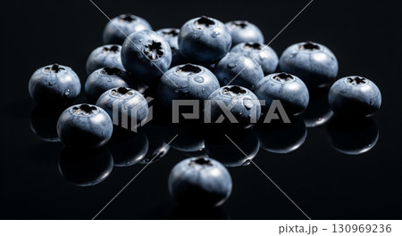 Fresh Blueberries with Water Droplets on Black Glossy Surface 130969236