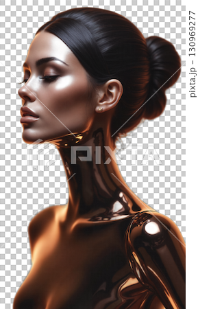 A female business icon in bronze light, floating in zero gravity beside a glowing brand manifesto, symbolizing unwavering alignment between 130969277