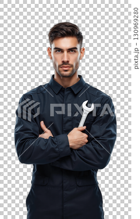 mechanic workshop portrait - A three-quarter shot of a man in a dark jumpsuit holding a large wrench, on transparent mechanic workshop portrait - A three-quarter shot of a man in a dark jumpsuit holding a large wrench, on transparent 130969280