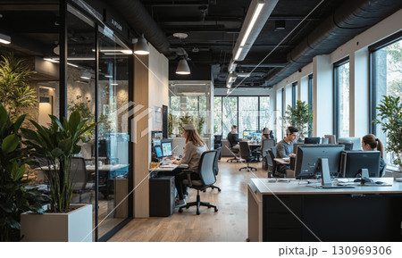 Office Workers Modern Workplace Productivity: Contemporary open-plan office design showcasing employee teamwork during workday. 130969306