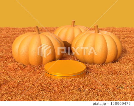 草原の中のオレンジ色のかぼちゃと台座の3Dイラストレーション 草原の中のオレンジ色のかぼちゃと台座の3Dイラストレーション 130969473